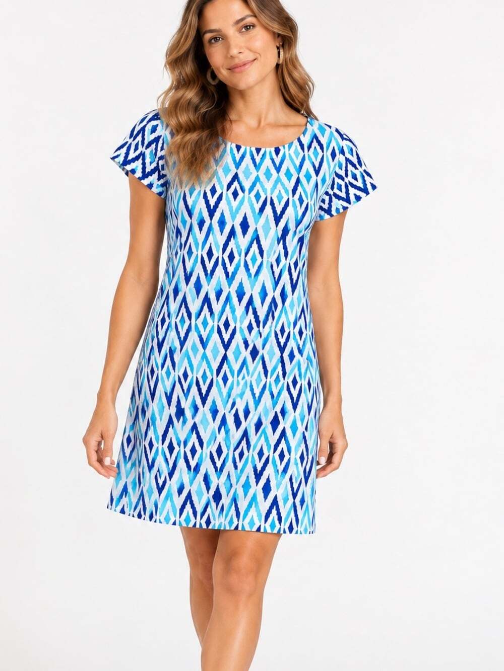 Hatley 100% Cotton Geometric Ikat Shift Dress Blue Teal Short Sleeve M Coastal